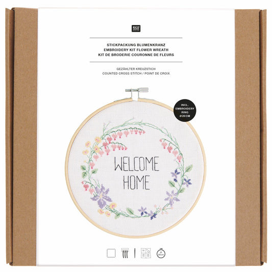 Borduurpakket geteld kruissteek bloemenkrans 20 cm